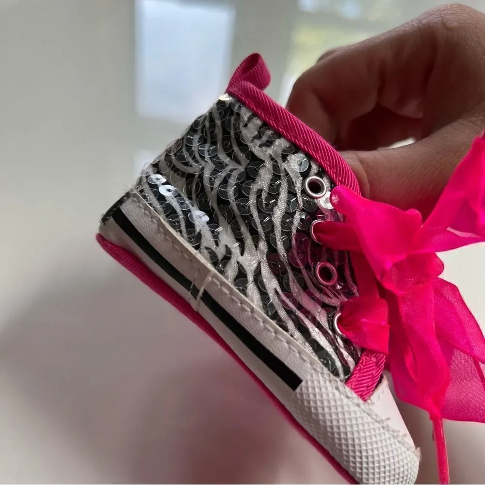 Funky Neon Pink Sequin Zebra Ribbon Tie Baby Shoes